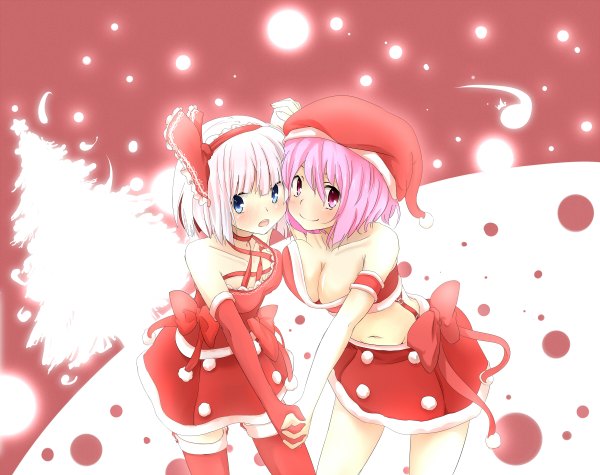 Anime picture 1200x950 with touhou konpaku youmu saigyouji yuyuko myon katanakko daisuki blush short hair breasts blue eyes light erotic red eyes multiple girls pink hair cleavage white hair holding hands christmas merry christmas girl gloves