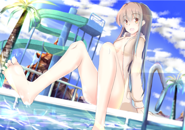 Anime picture 1447x1020 with original shirotaso0818 single long hair open mouth light erotic brown hair sitting brown eyes sky cloud (clouds) barefoot legs girl plant (plants) tree (trees) pool