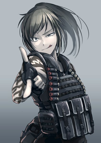 Anime picture 744x1052 with original hetza (hellshock) single long hair tall image looking at viewer fringe blonde hair ponytail grey background grey eyes tattoo pointing finger gun bang girl gloves uniform tongue fingerless gloves