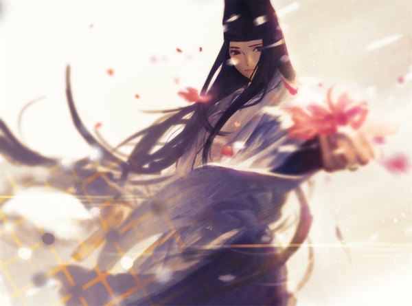 Anime picture 1785x1325 with hikaru no go studio pierrot fujiwara no sai wisda single looking at viewer highres black hair holding very long hair traditional clothes japanese clothes light smile wind lips wide sleeves glow boy flower (flowers) petals