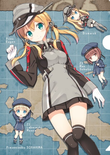 Anime picture 800x1126 with kantai collection bismarck battleship prinz eugen (kantai collection) z3 destroyer (max schultz) z1 destroyer (leberecht maass) hyuuga azuri long hair tall image looking at viewer short hair blue eyes blonde hair twintails multiple girls brown eyes green eyes character names chibi girl thighhighs