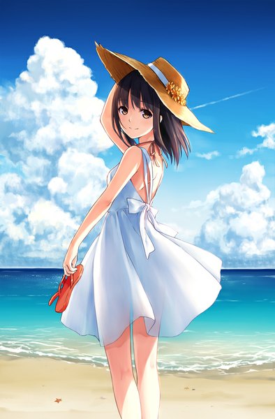 Anime picture 577x877 with original kamon (shinshin) single tall image fringe short hair smile brown hair standing bare shoulders brown eyes sky cloud (clouds) looking back sunlight bare legs no shoes horizon bare back summer