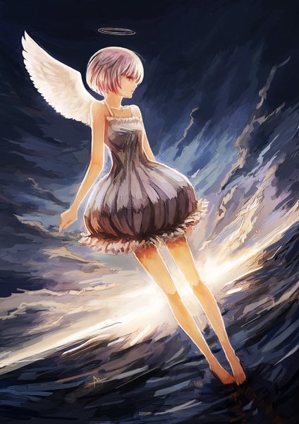 Anime picture 1000x1414 with original bryanth single tall image fringe short hair red eyes pink hair full body profile barefoot bare legs evening sunset angel wings white wings girl dress wings