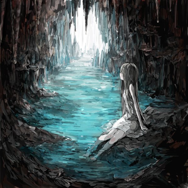 Anime picture 2400x2400 with original sigmasmail2 single long hair highres black hair sitting looking away black eyes bare legs no shoes girl dress water