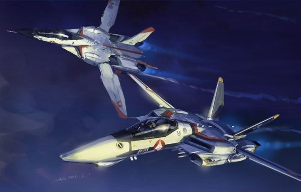 Anime picture 1423x909 with macross macross frontier vf-1 vf-0 vf-0b hjl sky flying aircraft airplane jet
