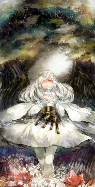 Anime picture 700x1364 with original pixiv fantasia pixiv fantasia sword regalia vima single long hair tall image yellow eyes silver hair one eye closed wind wink girl dress flower (flowers) plant (plants) pantyhose tree (trees) white dress insect