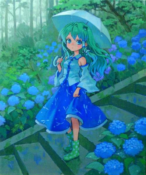 Anime picture 1489x1786 with touhou kochiya sanae ama-tou single long hair tall image blush blue eyes green hair girl skirt flower (flowers) plant (plants) detached sleeves tree (trees) umbrella hair tubes stairs snake hydrangea