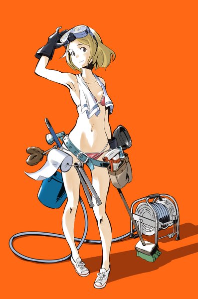 Anime picture 900x1358 with original popman3580 single tall image looking at viewer short hair simple background brown hair standing bare shoulders brown eyes full body light smile arms up shadow armpit (armpits) goggles on head orange background towel around neck girl