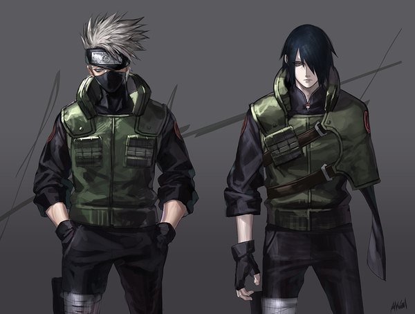 Anime picture 1100x833 with naruto studio pierrot naruto (series) uchiha sasuke hatake kakashi akgi looking at viewer fringe short hair black hair simple background standing signed grey hair hair over one eye grey background multiple boys grey eyes covered mouth hands in pockets