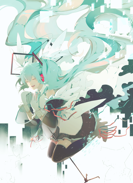 Anime-Bild 1186x1637 mit vocaloid hatsune miku saihate (d3) single tall image fringe open mouth hair between eyes twintails full body bent knee (knees) eyes closed very long hair aqua hair floating hair jumping singing girl thighhighs gloves