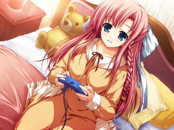 Anime picture 1600x1200 with akatsuki no goei nikaidoh aya nikaidou aya tomose shunsaku single long hair blush blue eyes smile pink hair braid (braids) girl bow hair bow bed toy stuffed animal stuffed toy teddy bear pajamas