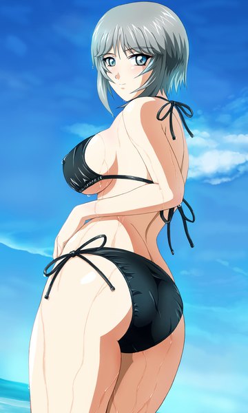 Anime picture 600x1000 with tokimeki memorial shinjou serika shopyun single tall image looking at viewer short hair breasts blue eyes light erotic sky cloud (clouds) looking back grey hair girl swimsuit bikini black bikini