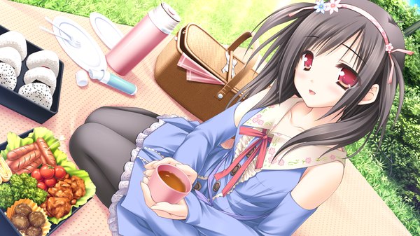 Anime picture 1280x720 with hanairo heptagram wakamura izuki moekibara fumitake long hair blush open mouth black hair red eyes wide image twintails bare shoulders game cg short twintails girl dress detached sleeves food hairband obento