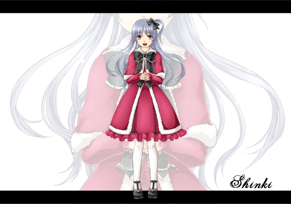 Anime picture 1200x845 with touhou shinki (touhou) geike single long hair looking at viewer open mouth red eyes silver hair one side up zoom layer girl dress bow hair bow shoes bowtie