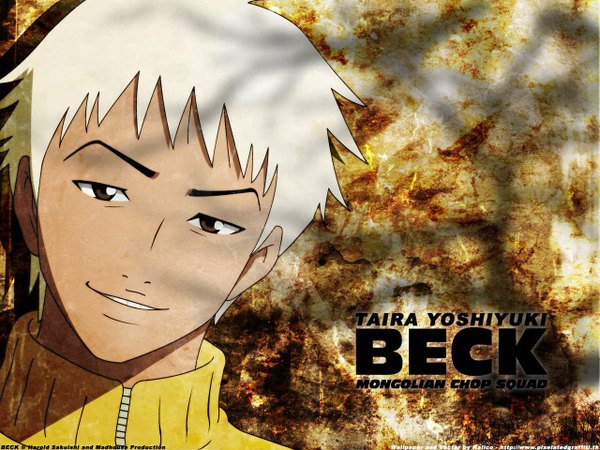 Anime picture 1280x960 with beck madhouse taira yoshiyuki kalicodreamz single looking at viewer short hair smile brown eyes white hair head tilt inscription copyright name character names portrait third-party edit smirk boy
