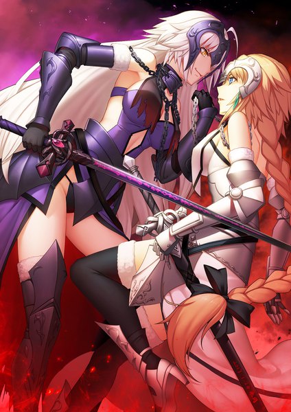 Anime picture 1414x2000 with fate (series) fate/grand order fate/apocrypha jeanne d'arc (fate) (all) jeanne d'arc alter (fate) jeanne d'arc (fate) ttheyue tall image fringe breasts blue eyes light erotic simple background blonde hair smile hair between eyes large breasts bare shoulders holding yellow eyes