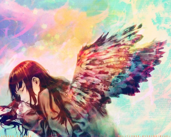 Anime picture 1280x1024 with haibane renmei reki (haibane) abe yoshitoshi single long hair highres black hair simple background purple hair eyes closed inscription wallpaper crossed arms third-party edit girl wings feather (feathers) halo