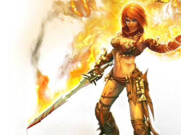Anime picture 1600x1200 with golden axe: beast rider (game) single short hair green eyes orange hair bone (bones) girl sword armor blood fire