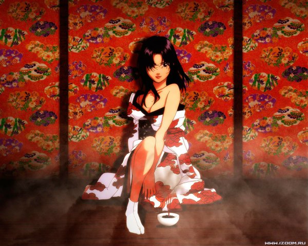 Anime picture 1280x1024 with neon genesis evangelion gainax katsuragi misato single long hair looking at viewer fringe light erotic black hair sitting bare shoulders cleavage traditional clothes japanese clothes black eyes hair over one eye girl socks kimono white socks