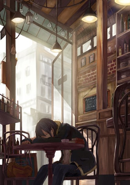 Anime-Bild 625x885 mit original toufu koubou single tall image sitting indoors eyes closed sunlight open clothes open jacket sleeping girl jacket book (books) building (buildings) bag chair table cup lamp