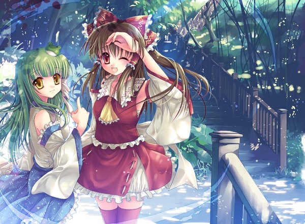 Anime picture 1000x735 with touhou hakurei reimu kochiya sanae sousouman long hair looking at viewer open mouth red eyes brown hair multiple girls yellow eyes one eye closed green hair wink girl thighhighs dress skirt hair ornament bow