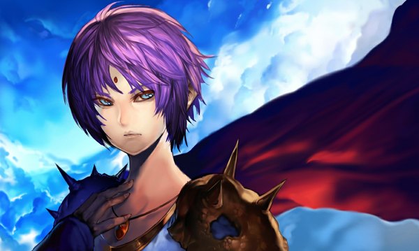 Anime picture 1167x700 with original eel (artist) single short hair blue eyes wide image sky purple hair cloud (clouds) blue background face boy armor pendant cloak thorns