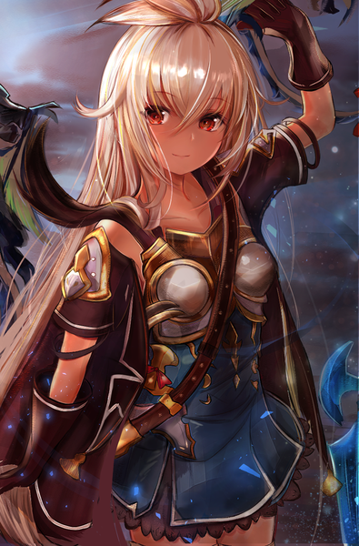 Anime picture 882x1338 with granblue fantasy the order grande efuri (riarea00) single long hair tall image looking at viewer fringe hair between eyes red eyes standing cloud (clouds) white hair arm up light smile magic girl dress gloves black gloves