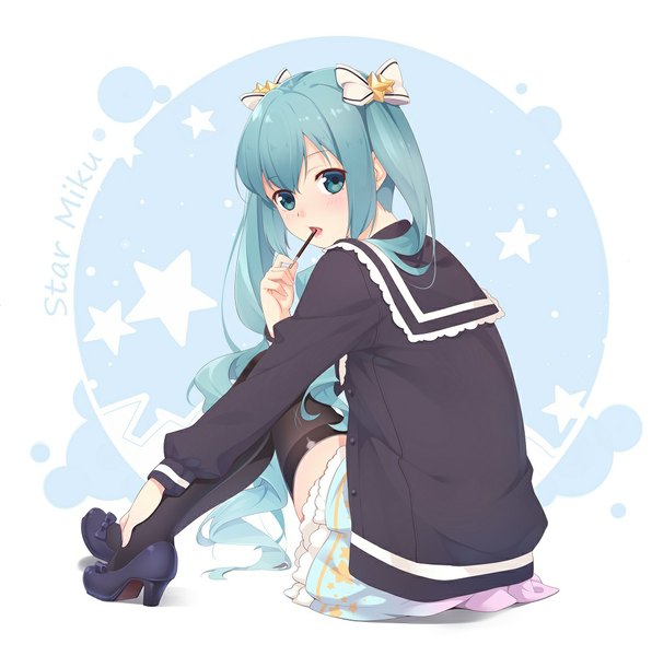 Anime picture 1000x1007 with vocaloid hatsune miku ello-chan single tall image looking at viewer blue eyes twintails very long hair aqua hair girl thighhighs dress bow black thighhighs hair bow food sweets pocky