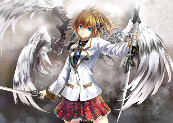 Anime picture 1750x1250 with original kouji (astral reverie) single long hair highres blue eyes blonde hair mechanical wings girl skirt ribbon (ribbons) weapon hair ribbon miniskirt shirt sword katana