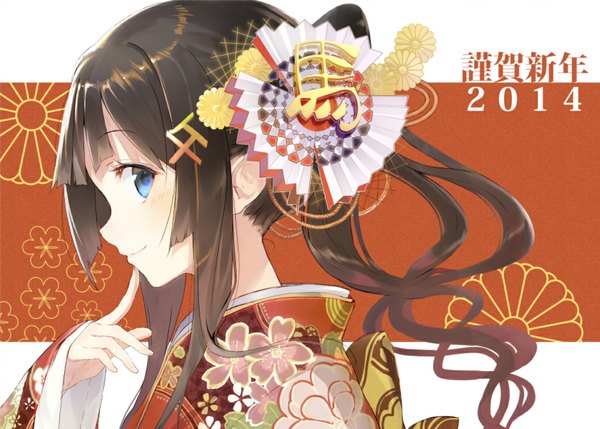 Anime picture 1148x821 with original shirabi single long hair looking at viewer fringe blue eyes smile brown hair traditional clothes japanese clothes profile inscription new year nengajou 2014 girl hair ornament flower (flowers) kimono