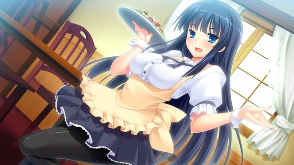 Anime picture 2560x1440 with love la bride mikami haruka mutou kurihito long hair blush highres open mouth blue eyes black hair wide image game cg girl food apron