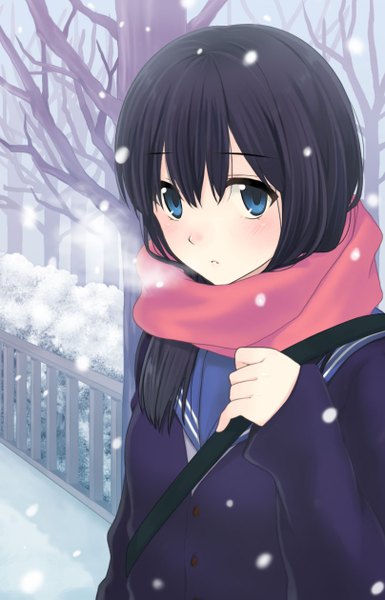 Anime picture 808x1260 with original chiyono suke single long hair tall image looking at viewer blue eyes black hair snowing winter snow exhalation steam girl plant (plants) tree (trees) scarf