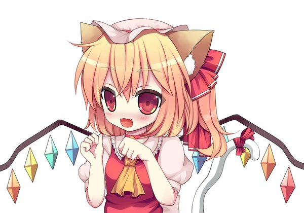 Anime picture 3459x2427 with touhou flandre scarlet swami blush highres short hair open mouth blonde hair simple background red eyes white background animal ears absurdres cat ears teeth cat girl cat tail fang (fangs) girl wings