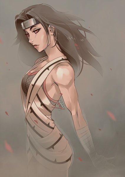 Anime picture 1280x1810 with naruto studio pierrot naruto (series) yuuhi kurenai vashperado single long hair tall image looking at viewer simple background red eyes brown hair standing bare shoulders grey background muscle dust fog girl petals