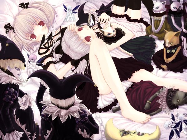 Anime picture 1280x960 with original mikazukimo short hair red eyes twintails multiple girls holding lying barefoot grey hair on back mouth hold short twintails lolita fashion goth-loli ribbon in mouth girl thighhighs black thighhighs 2 girls