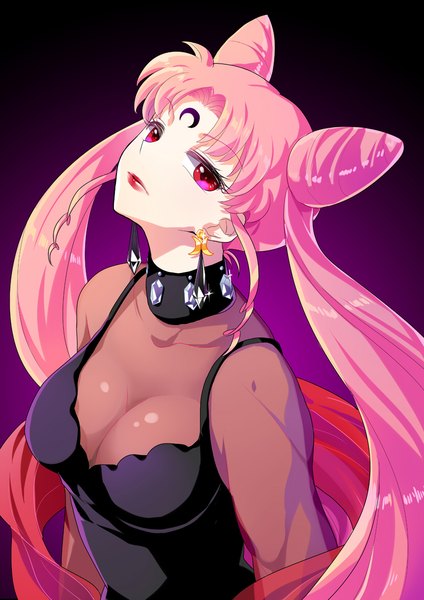Anime picture 827x1169 with bishoujo senshi sailor moon toei animation chibiusa black lady eloosia single long hair tall image looking at viewer breasts light erotic simple background red eyes large breasts twintails pink hair cleavage from above hair bun (hair buns) lipstick