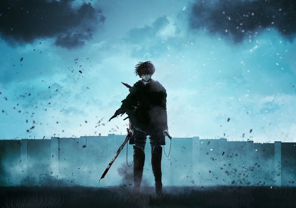Anime picture 934x658 with shingeki no kyojin production i.g levi (rivaille) e-ko single fringe short hair black hair standing sky cloud (clouds) outdoors head tilt wind hair over one eye smoke dust bloody weapon boy weapon