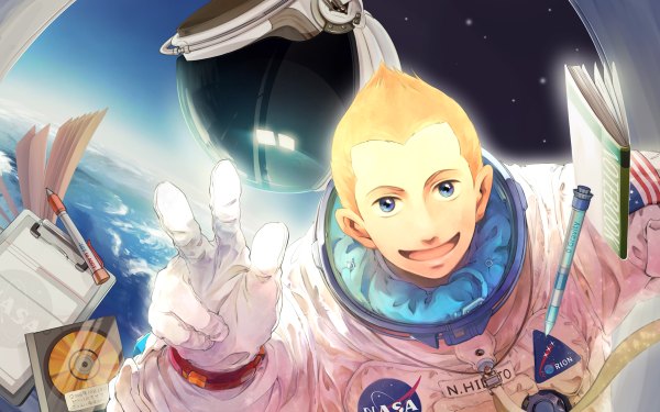 Anime picture 1200x750 with uchuu kyoudai a-1 pictures nanba hibito siriusplanet single short hair open mouth blue eyes blonde hair smile wide image space astronaut boy suit helmet planet pencil earth notebook