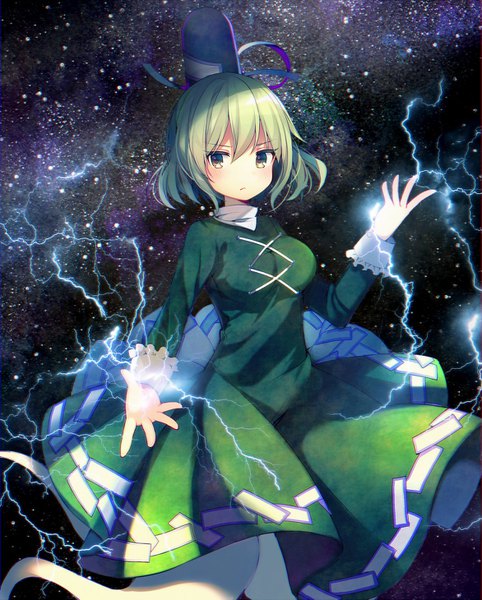 Anime picture 1172x1459 with touhou soga no tojiko koto seori single tall image looking at viewer blush fringe short hair hair between eyes green eyes green hair space electricity >:( girl dress hat green dress ofuda