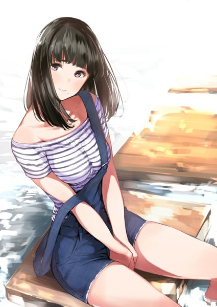 Anime picture 752x1062 with original kotomine hazuki tsukino wagamo single tall image blush fringe short hair breasts black hair smile sitting purple eyes bare shoulders looking away head tilt mole mole under mouth girl overalls