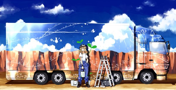 Anime picture 1636x835 with touhou hakurei reimu kirisame marisa sakuraba yuuki single long hair blonde hair smile wide image cloud (clouds) eyes closed optical illusion girl hat t-shirt ground vehicle car overalls ladder truck