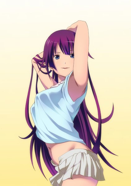 Anime picture 1000x1419 with bakemonogatari shaft (studio) monogatari (series) senjougahara hitagi ese shinshi single long hair tall image looking at viewer open mouth blue eyes light erotic purple hair arms up armpit (armpits) no panties gradient background arms behind head girl skirt