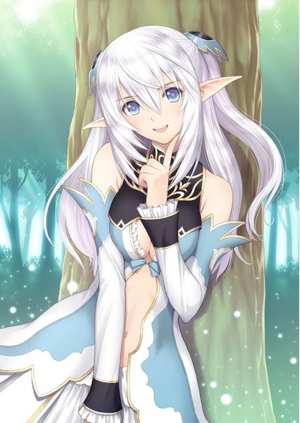 Anime picture 1290x1817 with shining (series) shining blade altina (shining blade) tony taka single long hair tall image looking at viewer blush fringe open mouth blue eyes smile hair between eyes bare shoulders cleavage silver hair pointy ears official art two side up