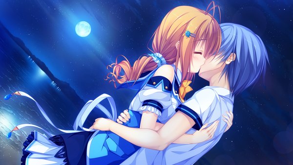 Anime picture 1920x1080 with kujiragami no tearstilla kamitouno ena mikagami mamizu highres short hair blonde hair wide image blue hair game cg eyes closed night hug kiss girl boy moon