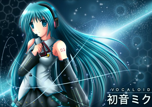 Anime picture 3508x2480 with vocaloid hatsune miku daiyaku single long hair looking at viewer highres blue eyes blue hair copyright name clothes writing space girl detached sleeves headphones headset number (numbers)