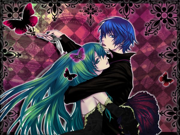 Anime picture 1500x1125 with vocaloid cantarella (vocaloid) hatsune miku kaito (vocaloid) nayu framed girl knife