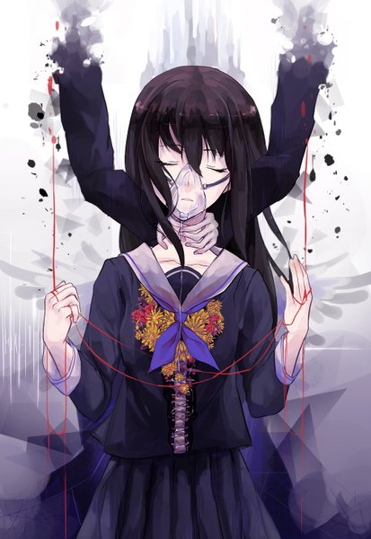 Anime picture 1000x1450 with original hanromi single long hair tall image fringe black hair white background holding payot eyes closed parted lips head tilt pleated skirt black background angel wings girl skirt uniform flower (flowers)