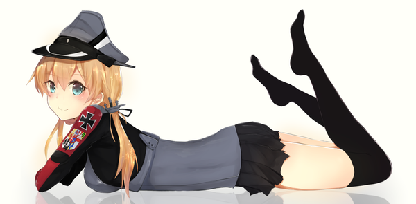Anime picture 1849x912 with kantai collection prinz eugen (kantai collection) moshoko (mizuneroku) single long hair looking at viewer blush highres simple background blonde hair smile wide image white background twintails bent knee (knees) lying on stomach girl thighhighs skirt