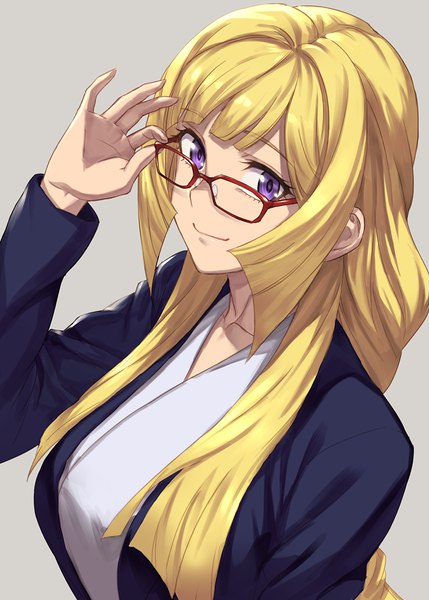 Anime picture 715x1000 with mobile suit gundam gundam tekketsu no orphans sunrise (studio) kudelia aina bernstein guchico single long hair tall image looking at viewer blonde hair purple eyes grey background girl glasses