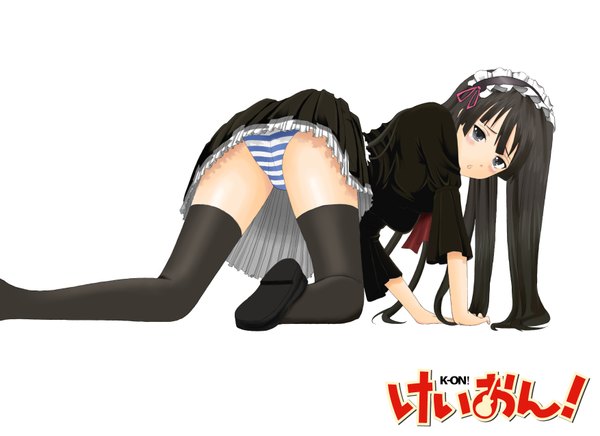 Anime picture 1754x1276 with k-on! kyoto animation akiyama mio highres light erotic white background thighhighs underwear panties striped panties